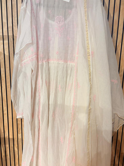 Long Kurti Mul with pink chikankari Kurti-Dupatta set