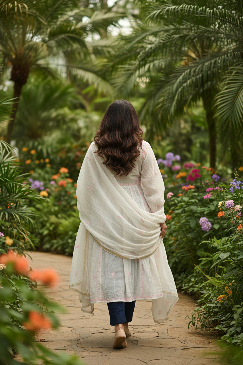 Long Kurti Mul with pink chikankari Kurti-Dupatta set