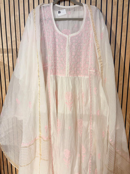 Long Kurti Mul with pink chikankari Kurti-Dupatta set