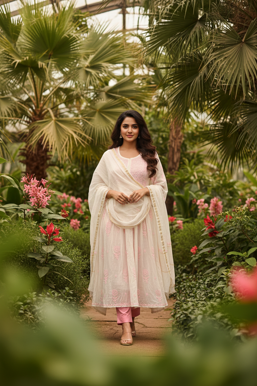 Long Kurti Mul with pink chikankari Kurti-Dupatta set