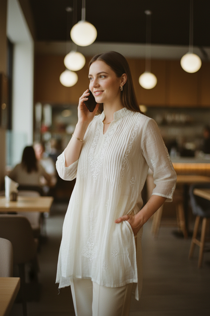 Mul Mukesh Shirt – Elegant Semi-stitched Chikankari Kurti - Grey