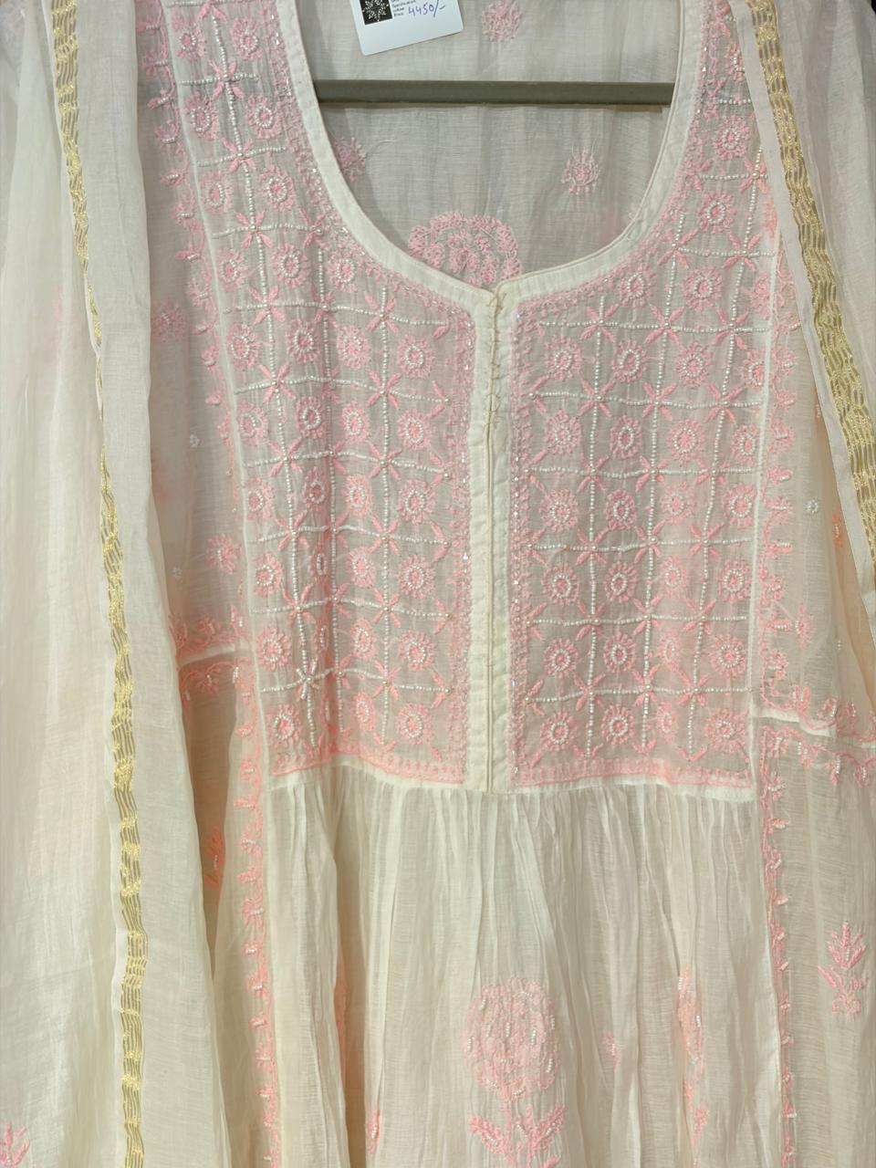 Long Kurti Mul with pink chikankari Kurti-Dupatta set